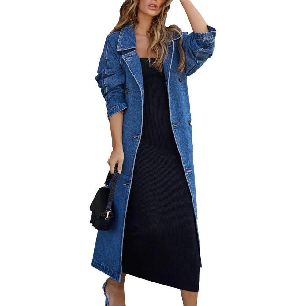 Women's Plus Size Denim Jacket Cotton Long Double Breasted Trench Coat